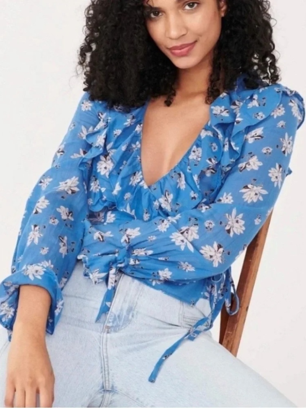 Free People Amanda Ruffle Soft Cotton V-Neck Wrap Floral Flower Blouse Top
